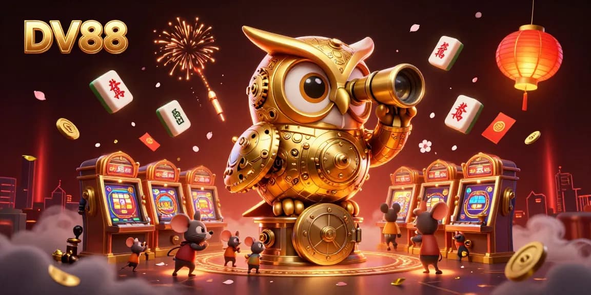DV88 features interactive gaming with a grand golden owl overseeing vibrant casino scenes.