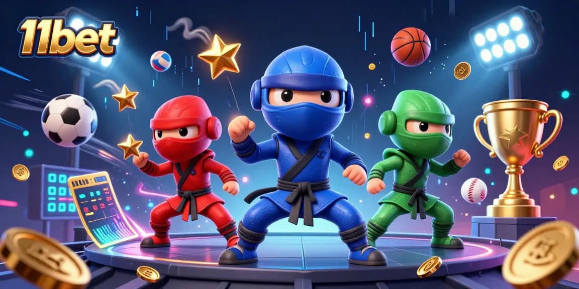 Engage with thrilling actions at 11bet, featuring a dynamic scene with chameleon ninjas and sports elements.