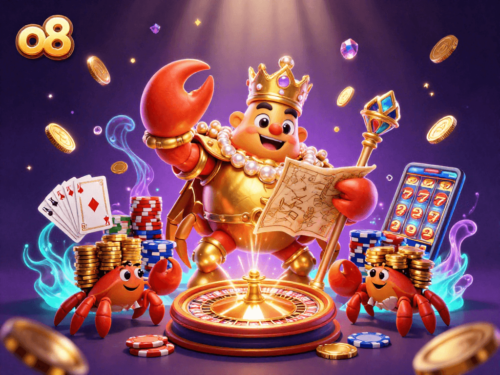 Experience thrilling wins at o8's engaging online casino, featuring a crab emperor and treasure-filled graphics.