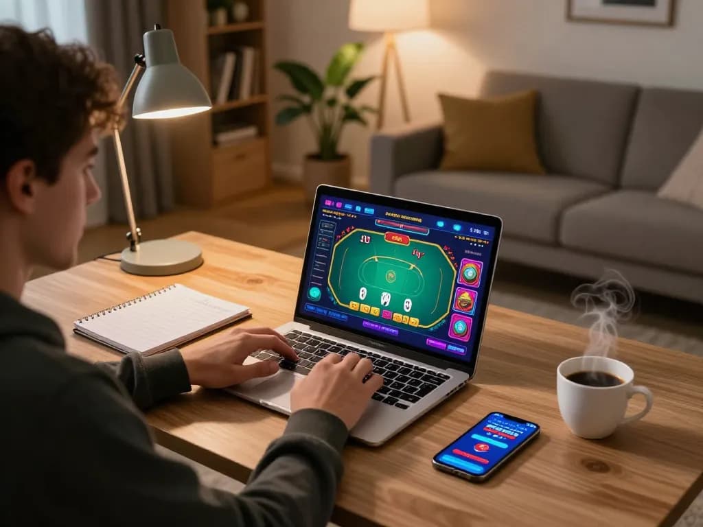 Enjoying online gaming at home on 68gamebaivn, with poker strategies visible on screen