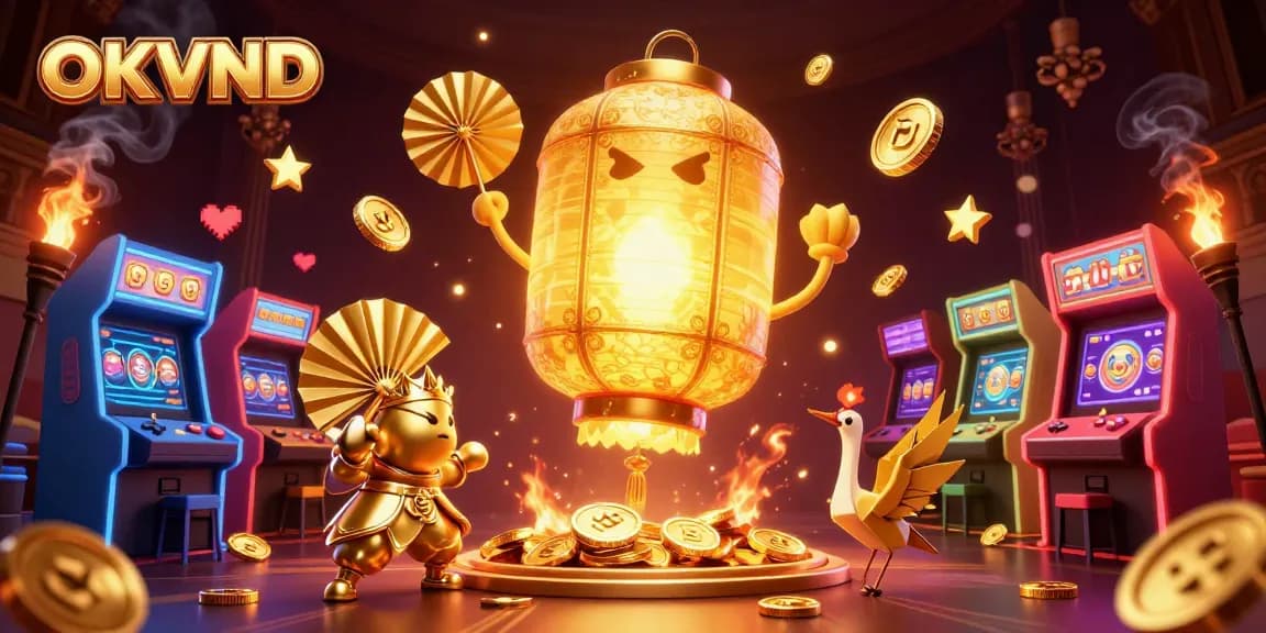 Join the thrilling OKVND experience at the vibrant night casino scene with a glowing lantern spirit.