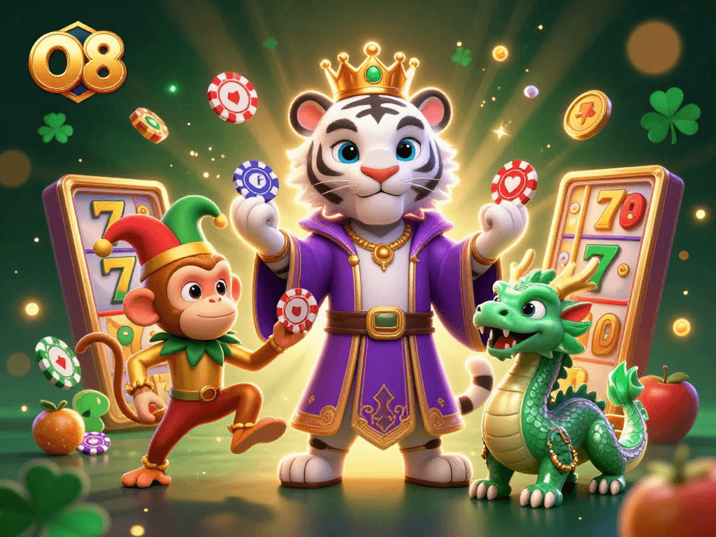 Experience the thrill of O8 with a vibrant 3D illustration showcasing an adventurous casino scene.