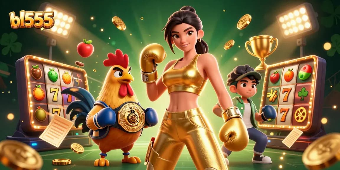 Engage in thrilling gameplay at bl555 with vibrant slot machines, golden trophies, and dynamic gaming elements.