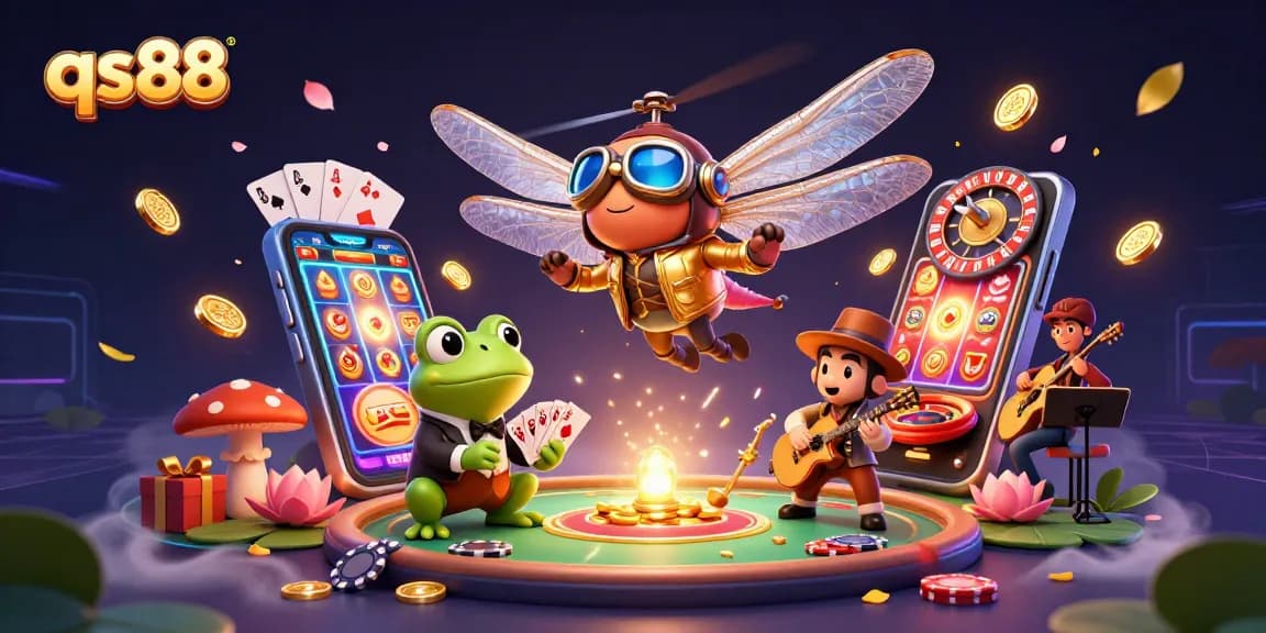 Experience the excitement of qs88 with a dragonfly pilot and frog croupier in a captivating casino scene.