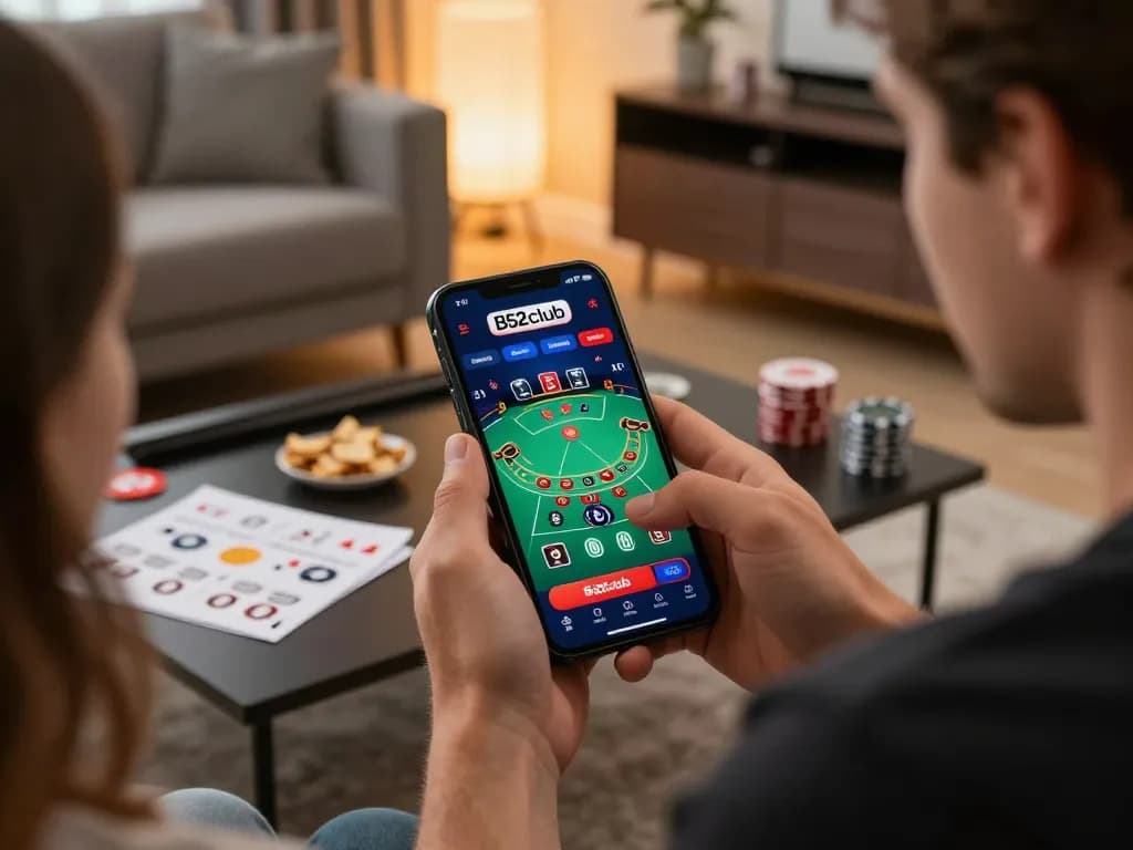 Engaged players enjoying online blackjack on B52club app in a cozy living room.