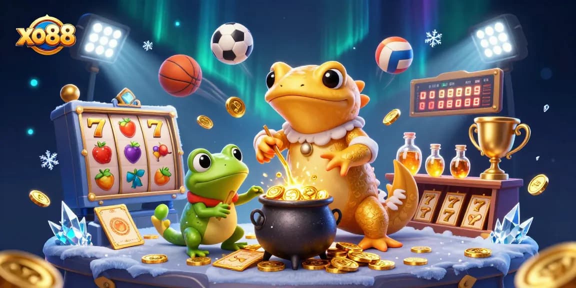 Engage in exciting gaming adventures at xo88 with a captivating scene featuring golden alchemy and sports elements.