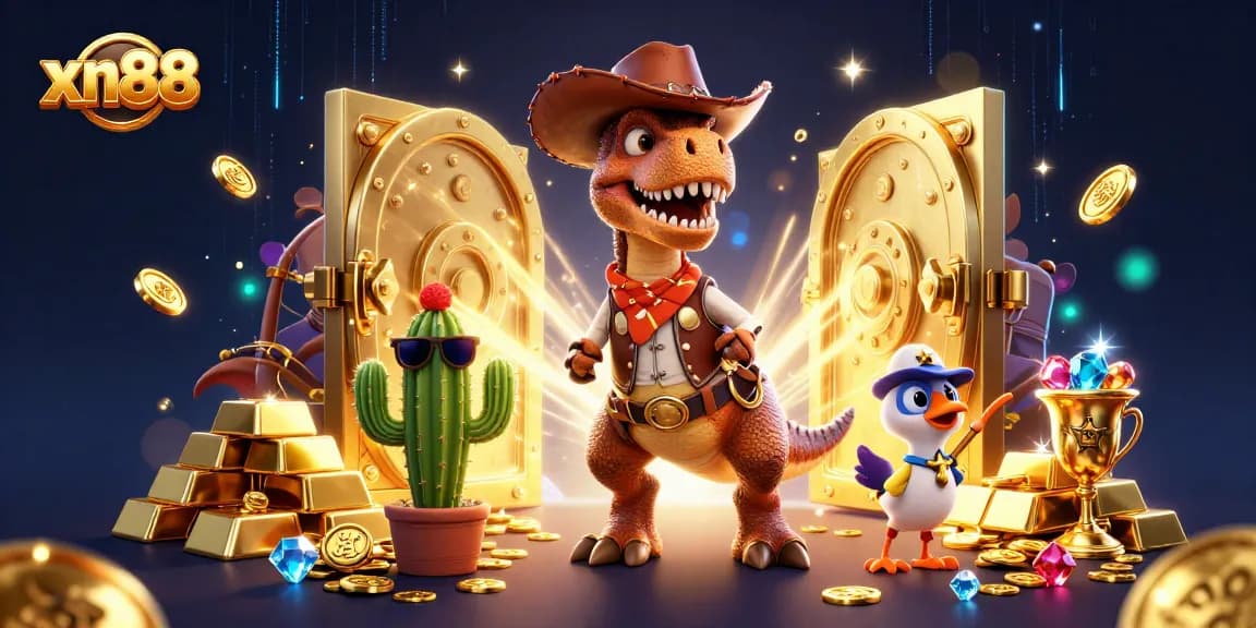 Xn88 showcases epic gaming battles in a vibrant 3D scene packed with treasure and excitement.