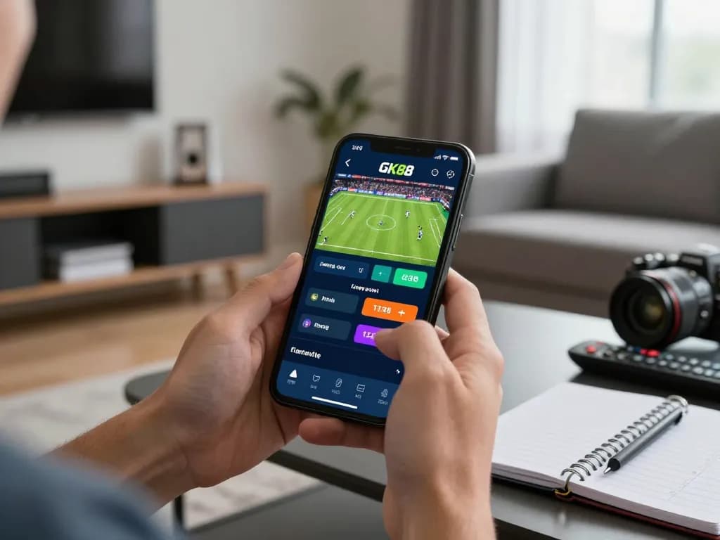 Engaging sports betting action on GK88 app with smartphone in hand, modern living room setting.