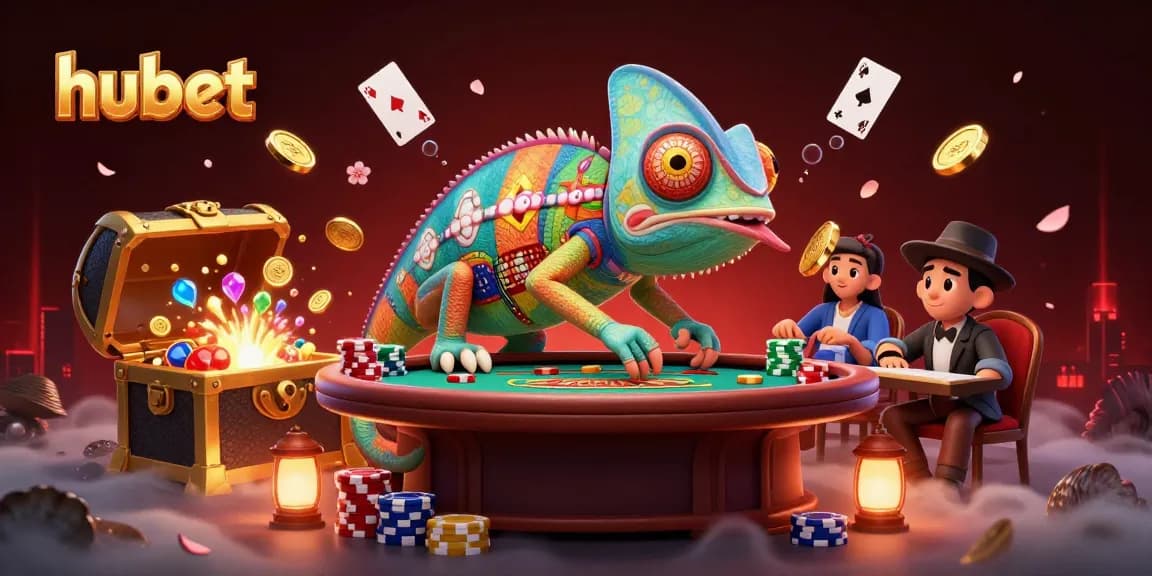 Experience thrilling gaming at hubet with a vibrant chameleon, poker chips, and treasure.