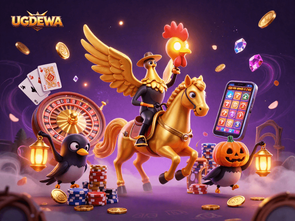 Experience gaming excitement with UGDEWA's golden rooster and magical casino treasures.