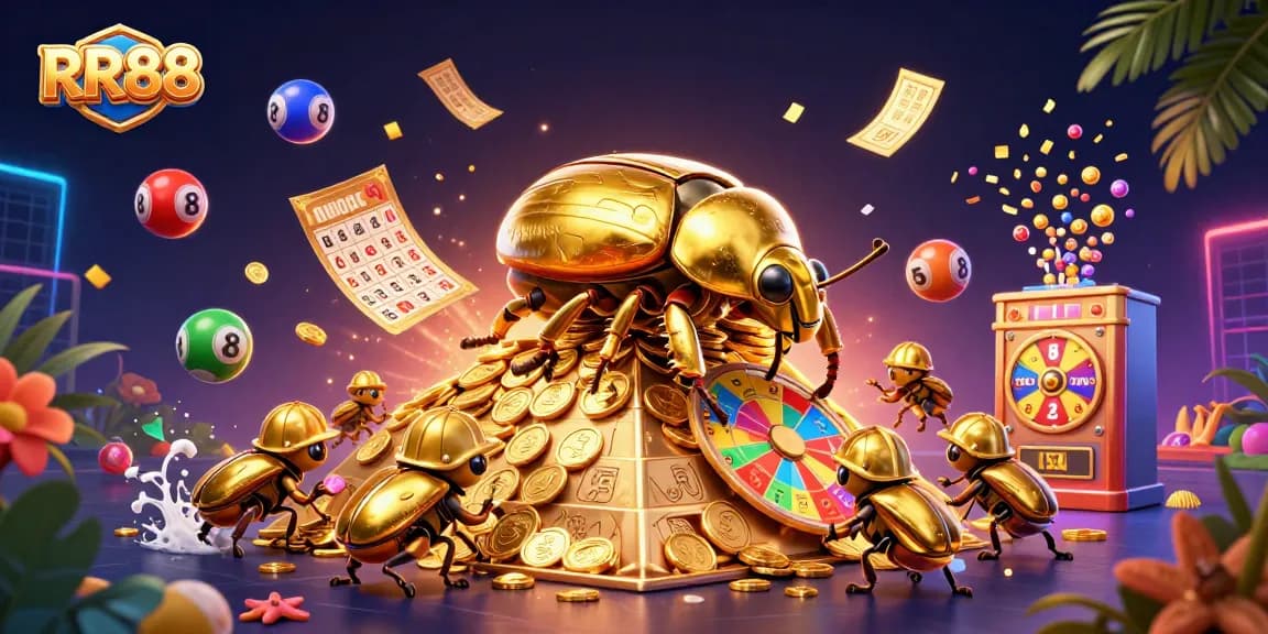 RR88 showcases vibrant golden beetles among dynamic casino elements, illustrating exciting online gaming.