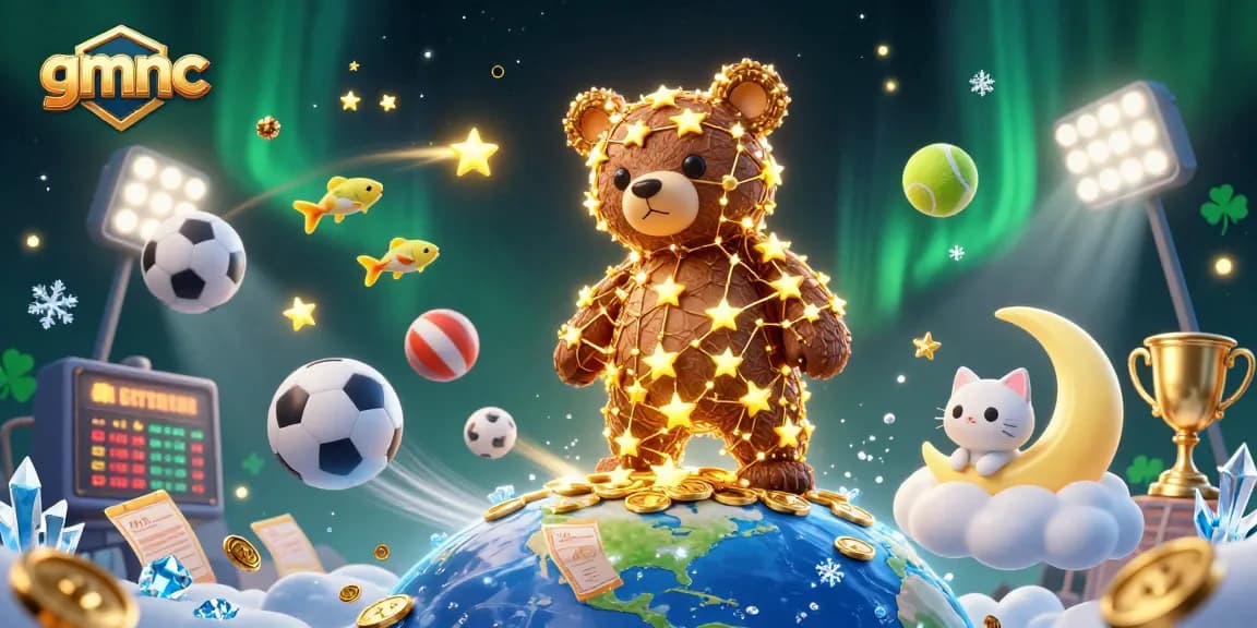 Experience the wonders of gmnc with a constellation bear, coins, and dynamic sports elements in a vibrant casino setting.