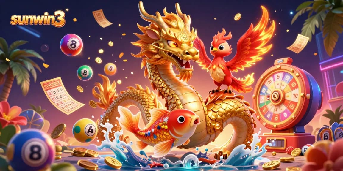 Experience the thrilling gameplay at sunwin3, featuring a golden dragon, phoenix, and koi fish amidst vibrant casino elements.