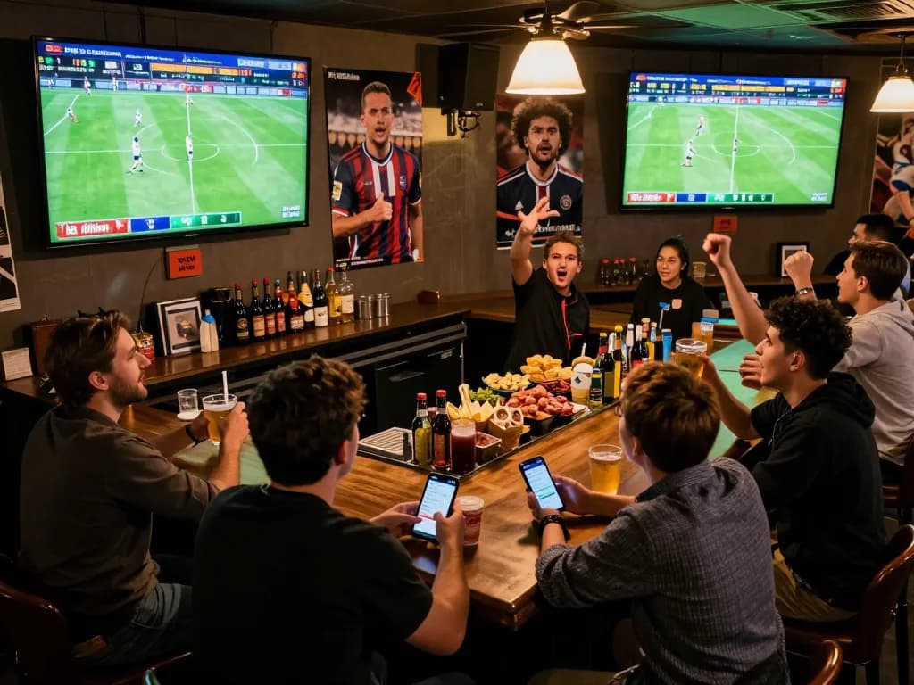 Excited bettors cheer for their teams while checking kèo bóng đá ngày mai on mobile apps in a vibrant bar setting.