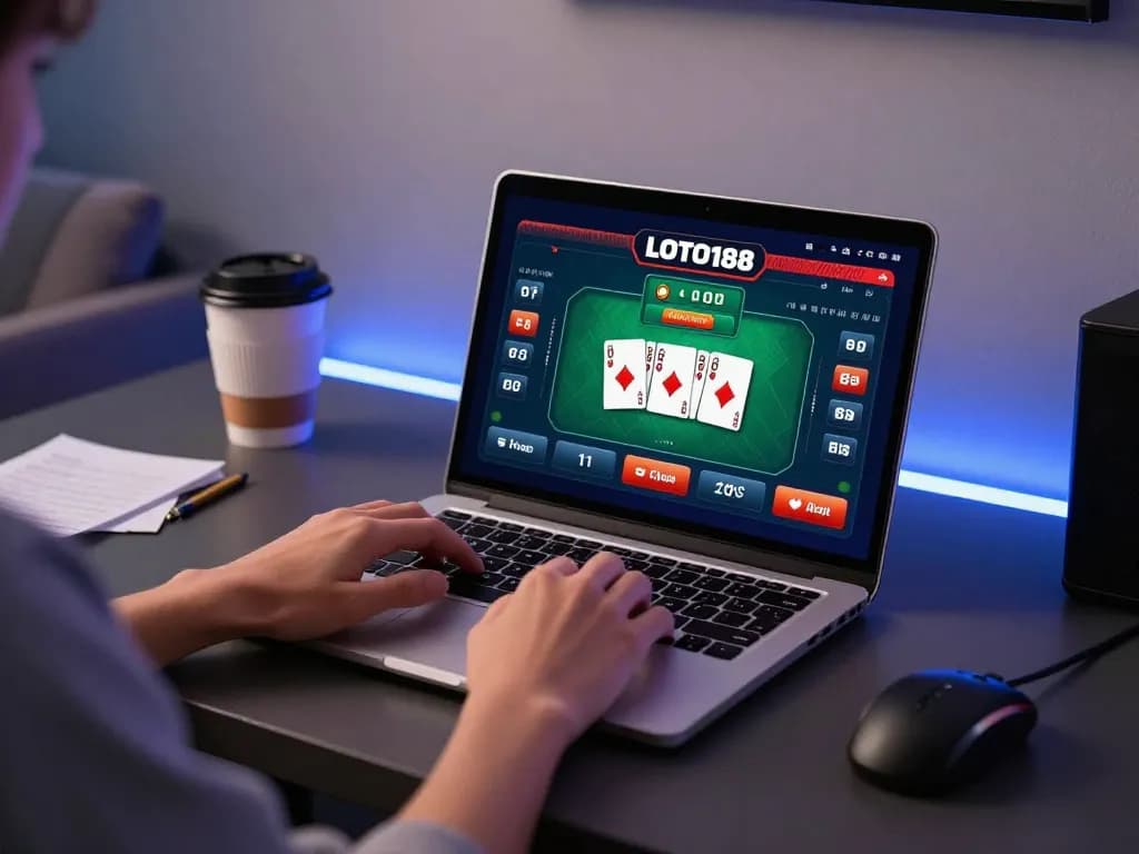 Player engaging in online gambling with LOTO188 on a laptop, showcasing poker game interface and strategic notes.