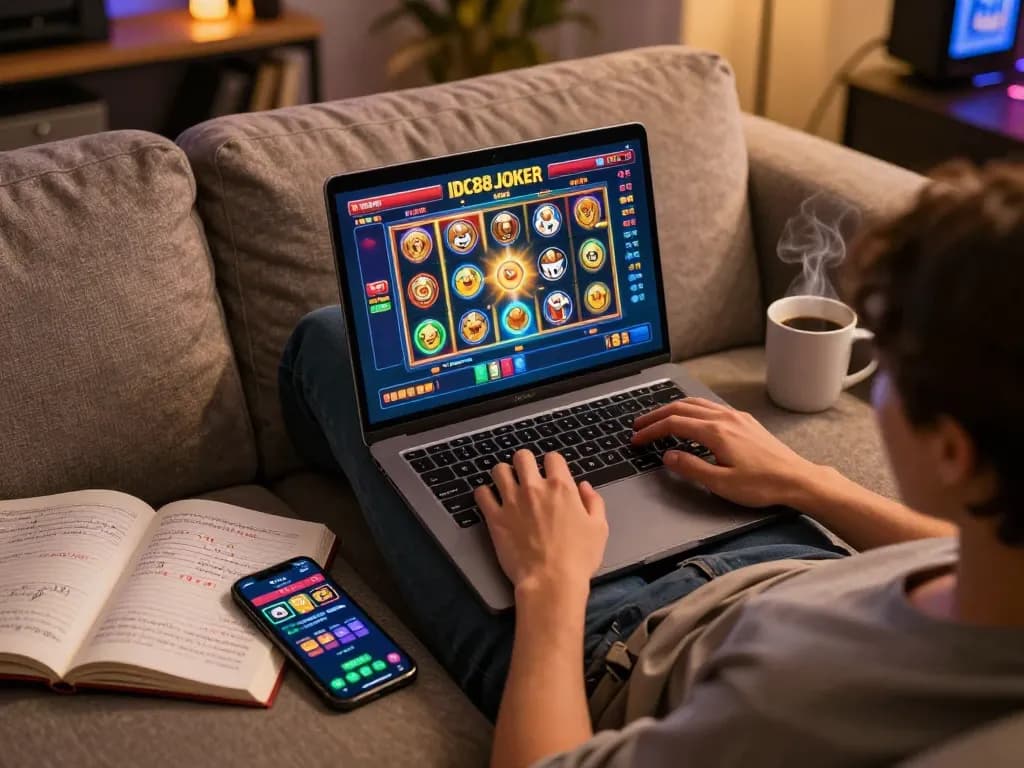 Engaging gameplay on IDC88 JOKER slot game, showcasing a cozy home gaming setup.