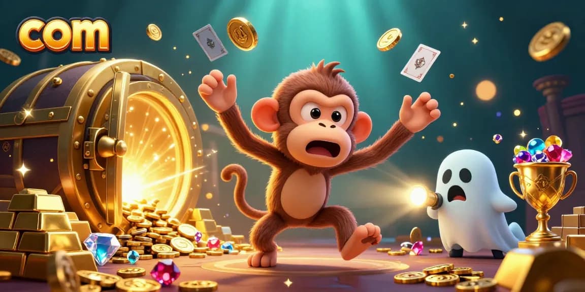 Experience thrilling moments at com with a poltergeist monkey juggling golden treasures in a haunted casino scene.