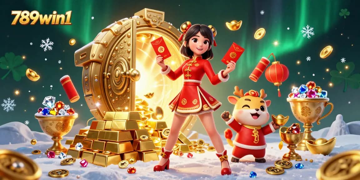 Spin the reels with vibrant riches in 789win1's 3D casino world, featuring festive characters and treasures.