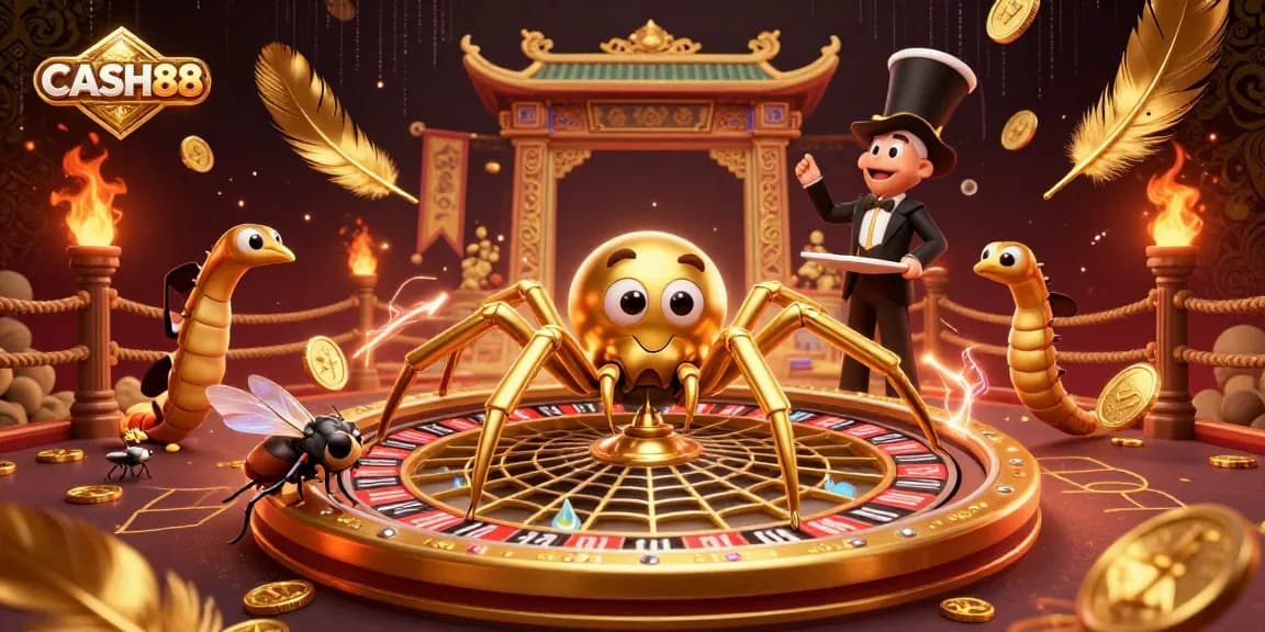 Experience the thrilling atmosphere of CASH88 with a golden spider croupier in a lively casino scene, showcasing bets and excitement.