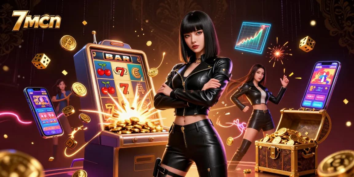 Experience thrilling wins with 7mcn's immersive casino scene featuring dynamic slot machines and golden symbols.