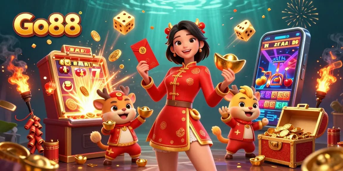 Engage in thrilling gameplay at Go88, showcasing a vibrant casino scene filled with jackpots and festive decorations.