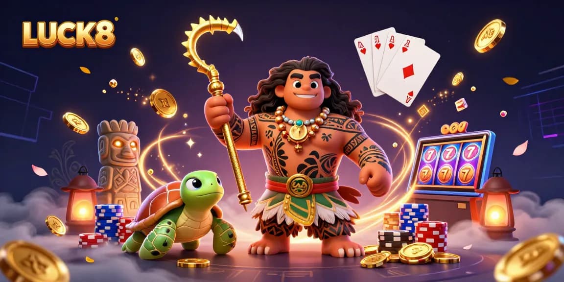 LUCK8 thrilling scene featuring playful characters and dynamic casino elements in an enchanting atmosphere.