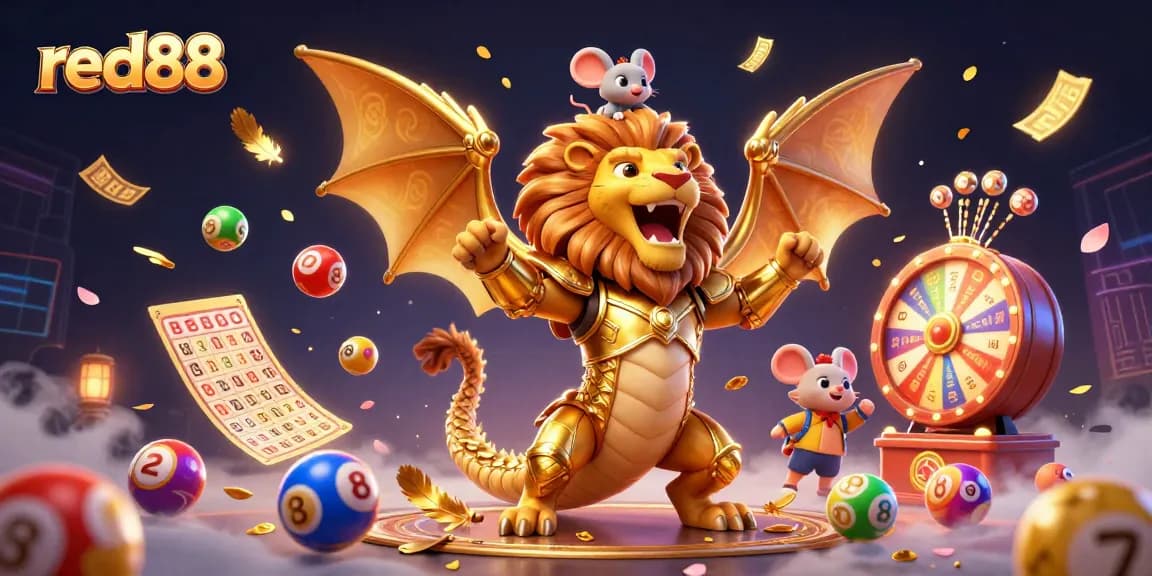 Experience the excitement of red88 with a vibrant, winning atmosphere featuring colorful lottery elements and dynamic game symbols.