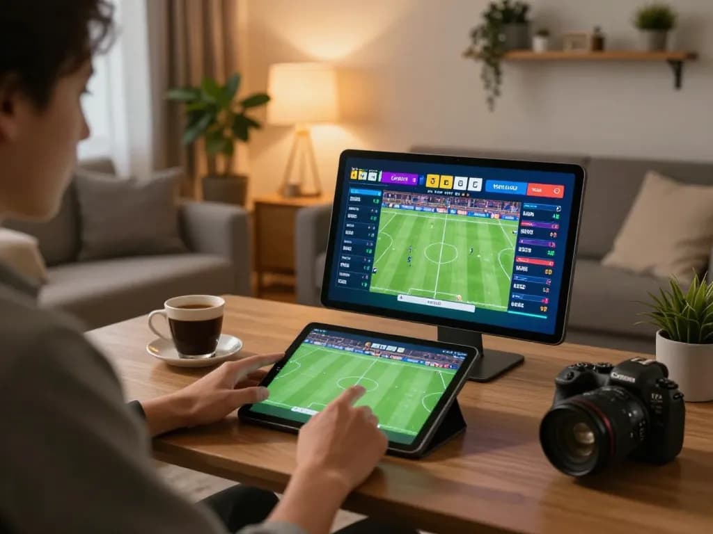KQBD user engaging in online sports betting while tracking real-time football results on tablet, cozy setting