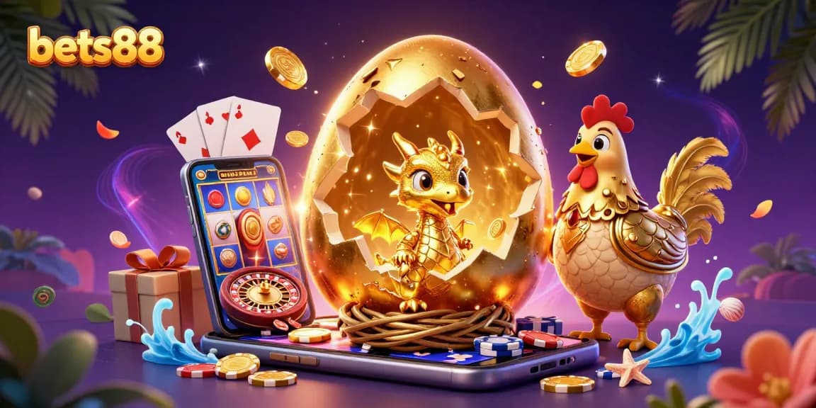 Engage with the bets88 casino experience as golden treasures and gaming excitement shine in a vibrant scene.