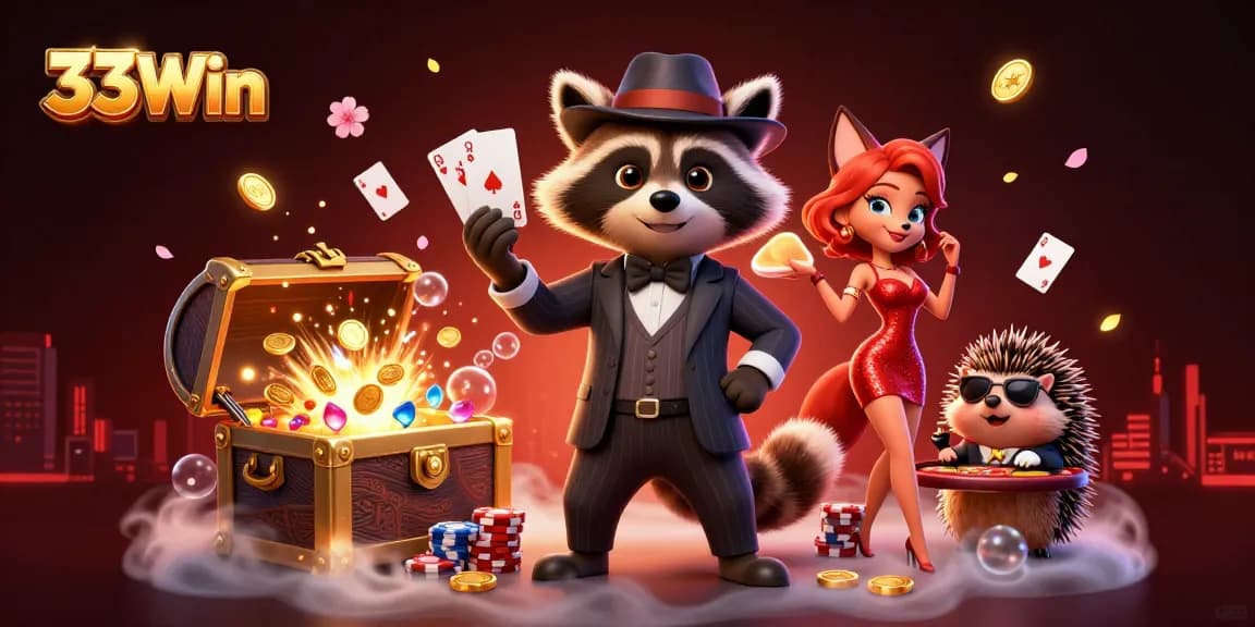 Experience the charm of 33Win with a suave raccoon, glamorous fox, and bouncer amidst vibrant casino elements.