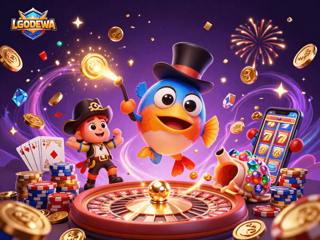 Experience winning moments with LGODEWA's vibrant casino scene featuring characters and festive elements.