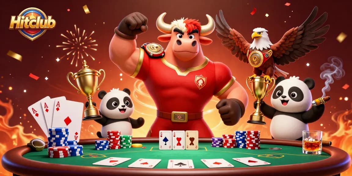 Hitclub mascot celebrates big wins at a poker table with vibrant casino elements.