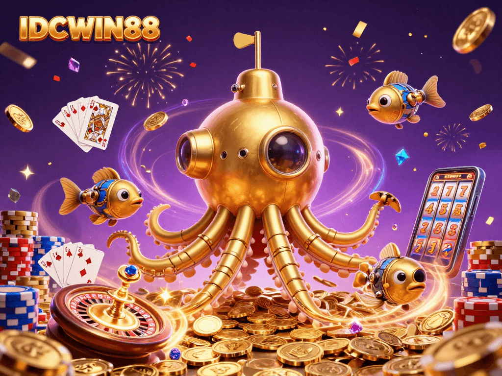 Experience the excitement of IDCWIN88 with golden kraken submarine and slot reels in a dazzling casino scene.