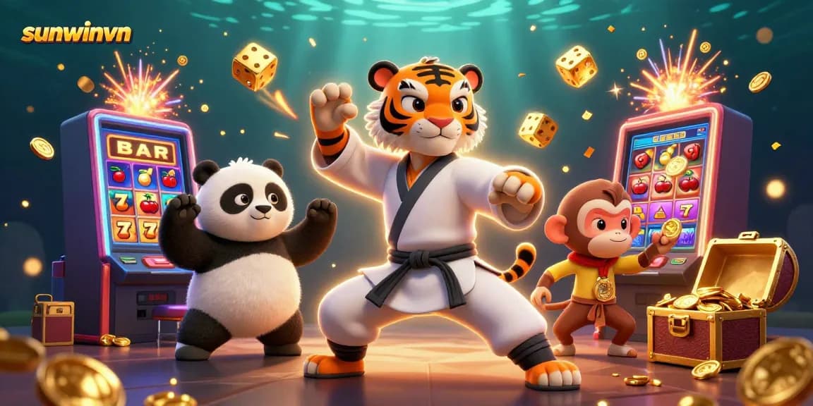 Experience thrilling adventures with sunwinvn as a kung fu tiger, panda, and monkey enjoy a vibrant casino atmosphere.