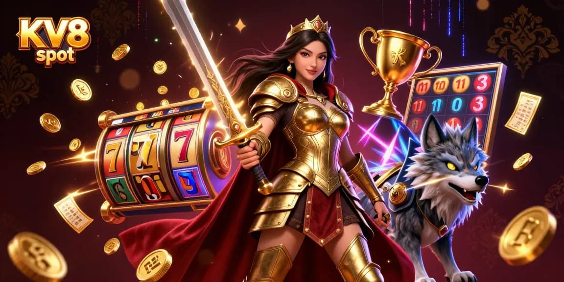 Experience thrilling spins with KV8 slot in this dynamic, colorful casino scene.