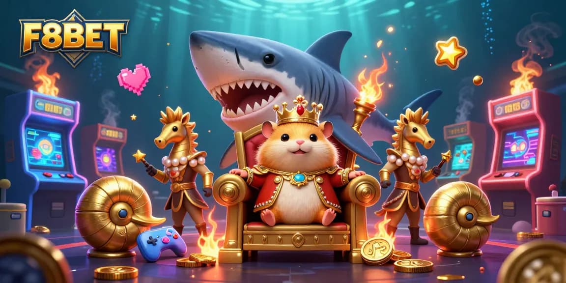 Experience the thrill of F8BET with our vibrant underwater scene featuring a golden hamster king and arcade game elements.