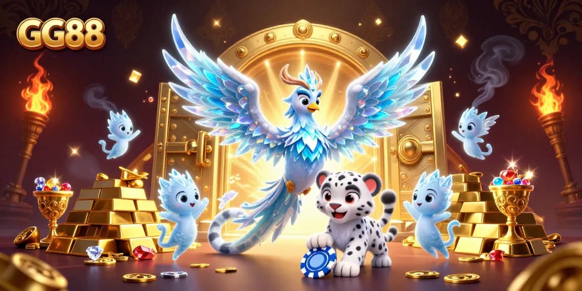 Experience thrilling gaming at GG88 with an ice phoenix and poker chip in a vibrant 3D casino scene.