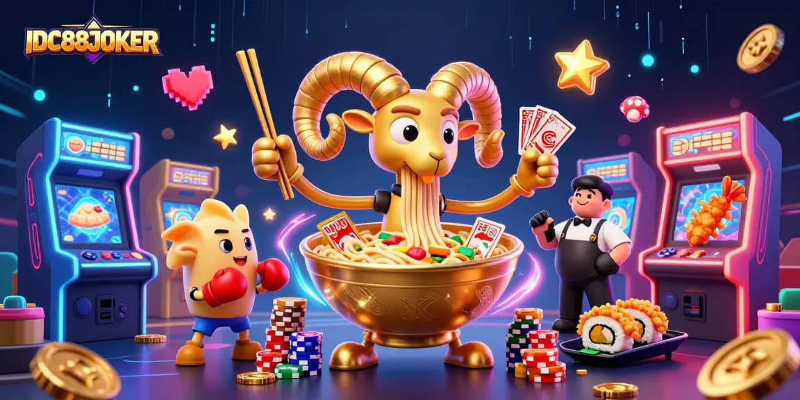 Engage with IDC88JOKER’s vibrant casino scene featuring a golden ramen bowl dealer and dynamic game elements.