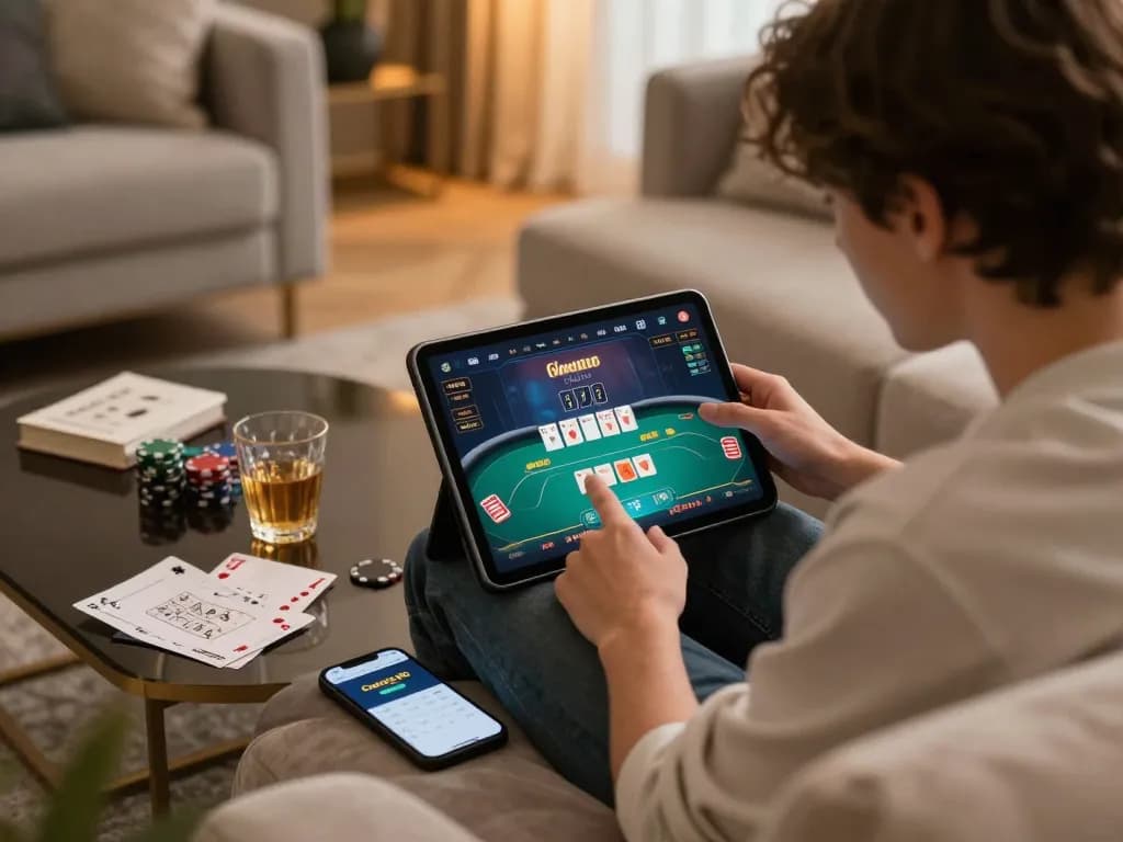Enjoying poker gameplay on the mantra88 app in a cozy home setting with strategic notes.