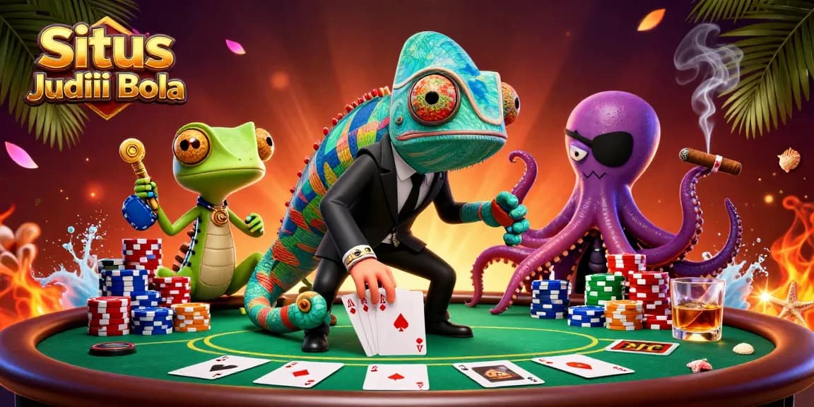 Engage in Situs Judi Bola action with vibrant 3D characters around a poker table full of chips and cards.