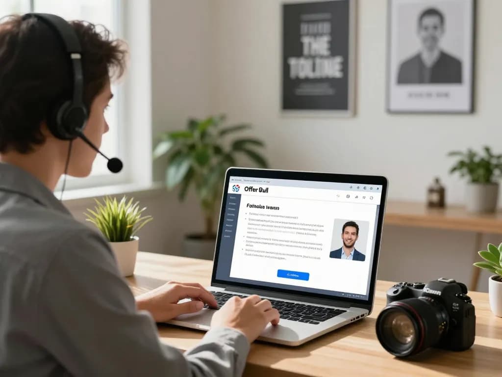 Candidate practicing an ai interview using Offer Bull software in a bright home office.
