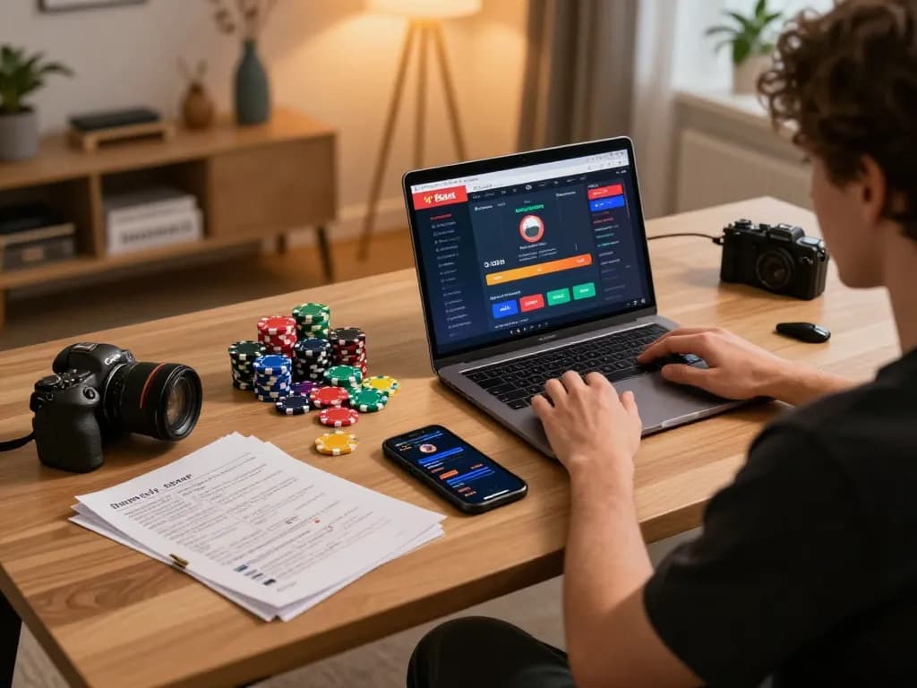 Player enjoying Fabet online betting experience at home, engaging with laptop and strategy notes.