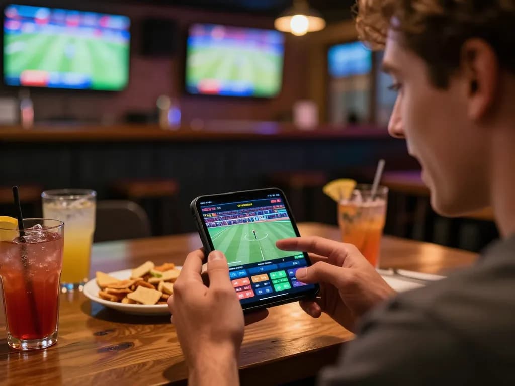 Excitedly placing bets on 789bet app during a thrilling sports event.