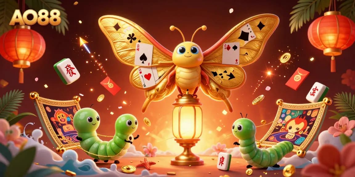 Engage with AO88's vibrant casino adventure showcasing a majestic moth and lively game elements.