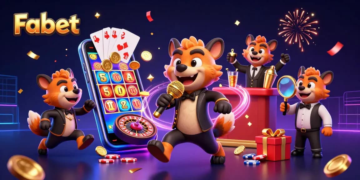 Fabet ignites excitement with hyenas at a comedy casino club surrounded by vibrant slot games.