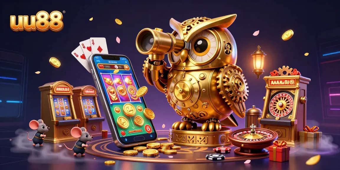 Spin and win with the uu88 golden owl in a vibrant, dynamic casino atmosphere filled with excitement.