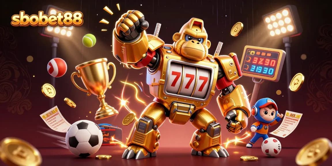 Experience the thrill of sbobet88 as a golden gorilla mech unleashes winning spins in a dynamic betting scene.