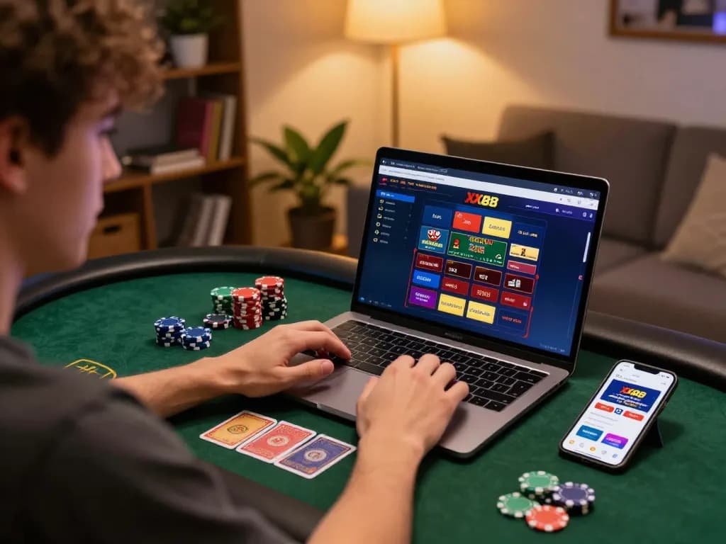 Player immersed in online XX88 casino gameplay, capturing the thrill of virtual betting at home
