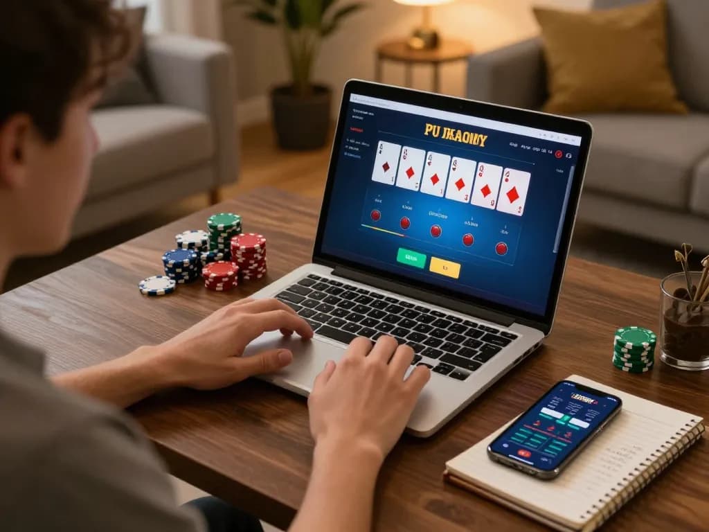 Player strategizing their next move in online poker with UG DEWA, showcasing thoughtful gameplay and focus in a cozy setting.