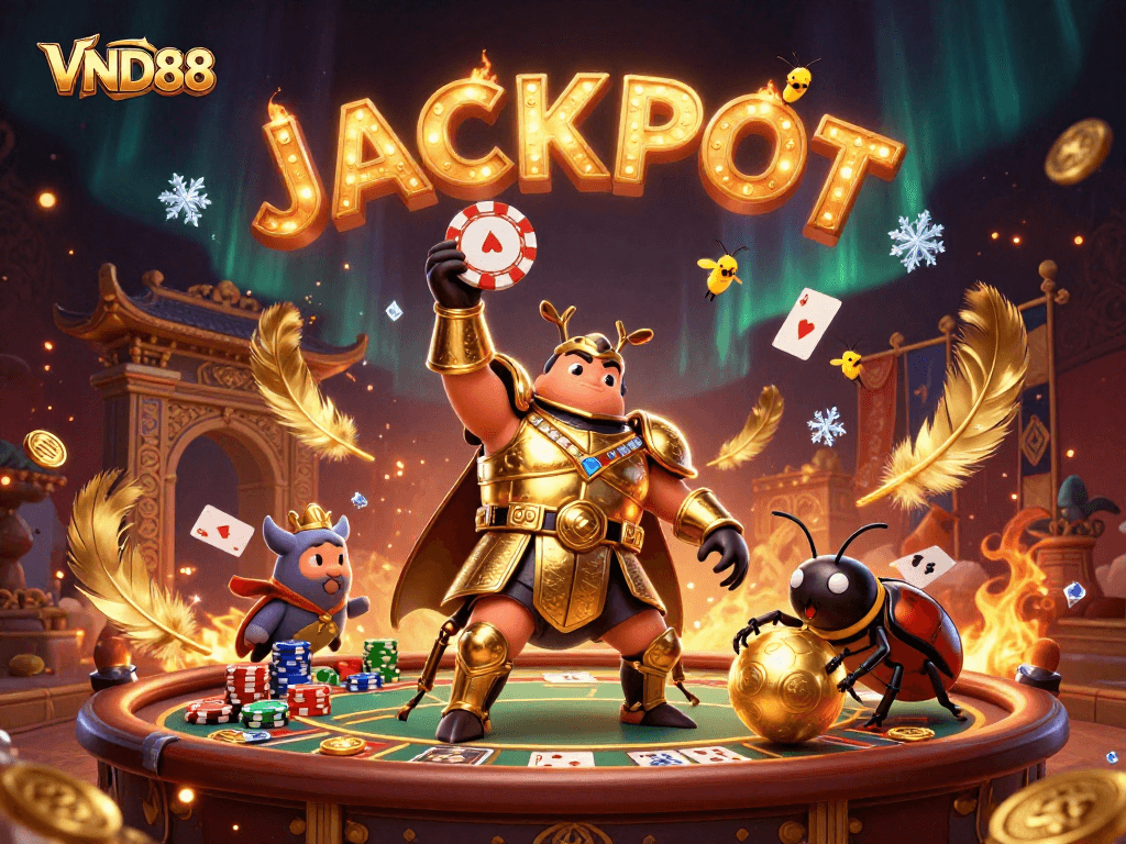 VND88 celebrates wins with vibrant casino elements and animated victories, showcasing poker excitement.